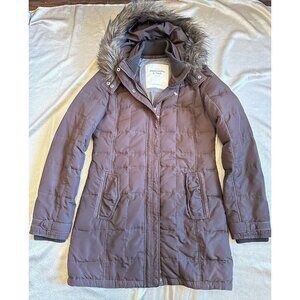 ABERCROMBIE & FITCH‎ Large Down Puffer Jacket Quilted Brown Faux Fur Hood Coat